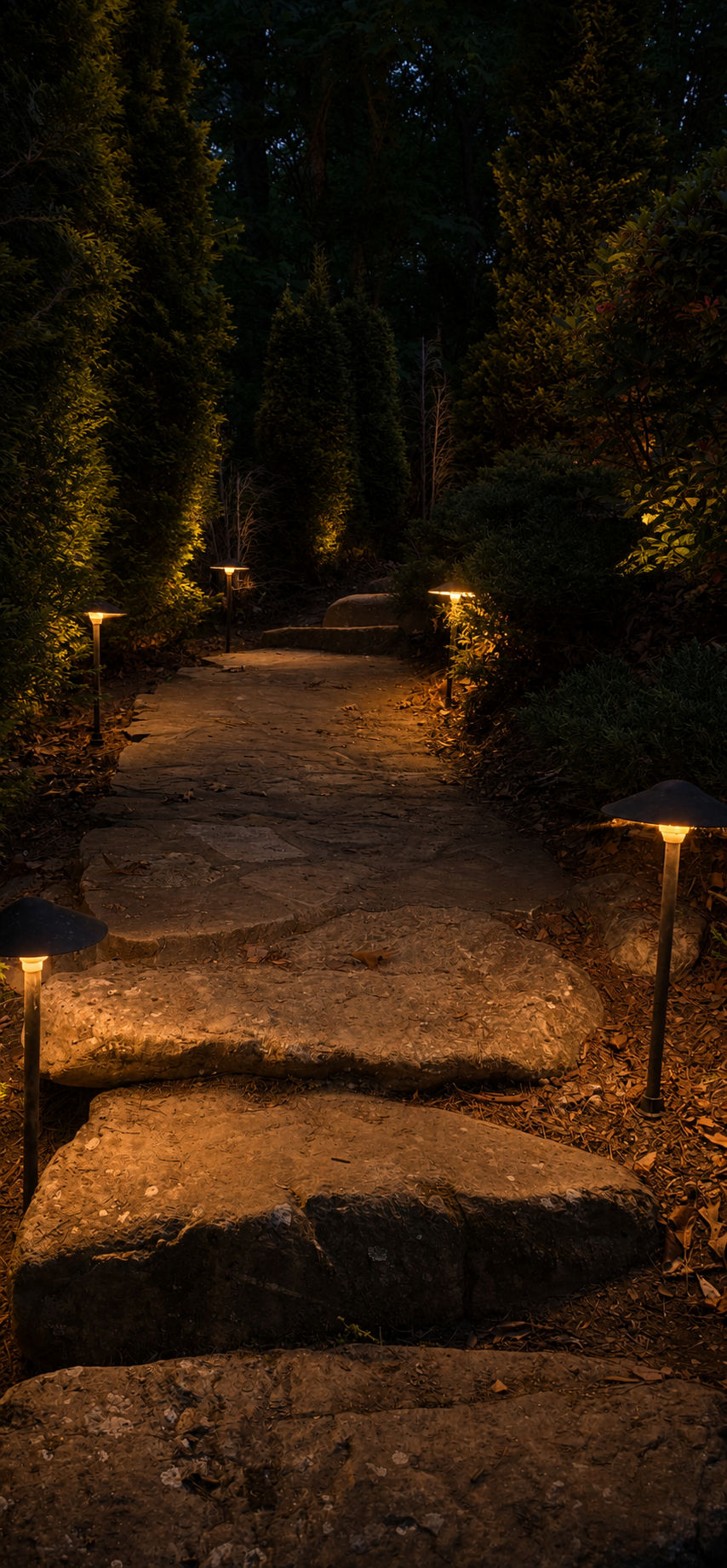 Low-glare path lights lining a stone walkway among trees