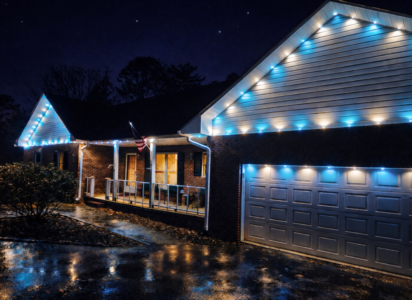 Gables and garage highlighted with color-changing lights